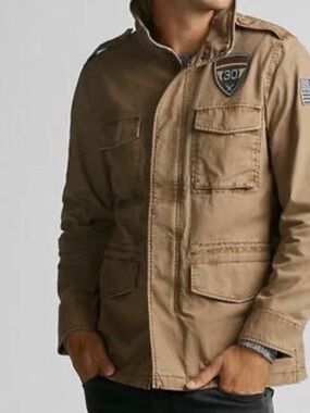 Express Tan Military Patch Utility Jacket Coat Hooded Long Sleeve size XL.